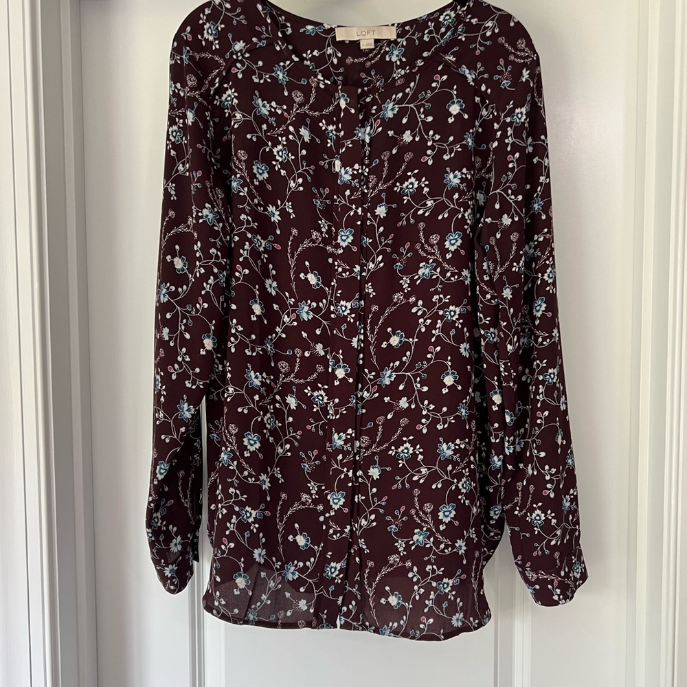 LOFT White and Purple Blouse with Mandarin Collar and Cuffed Sleeves